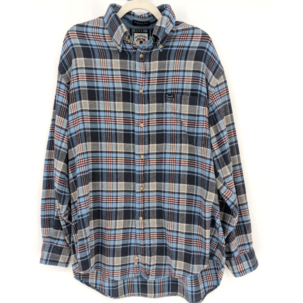 Faconnable Men VTG Y2K‎ Blue Plaid Flannel Button Down Large Indie Grunge Prep